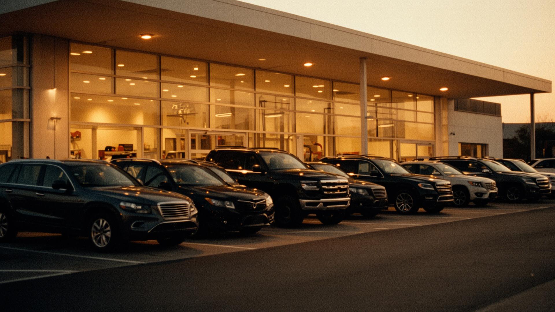 Automotive dealership exterior at night, representing DMS integration for franchised dealers